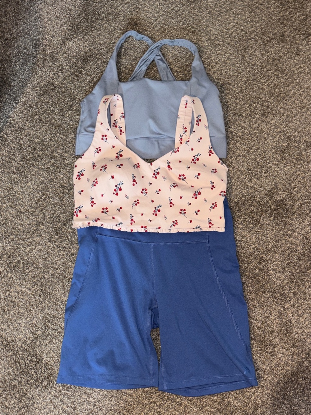 Activewear bundle : Light Blue Bra, Floral Pink bra, Royal Blue Biker Shorts